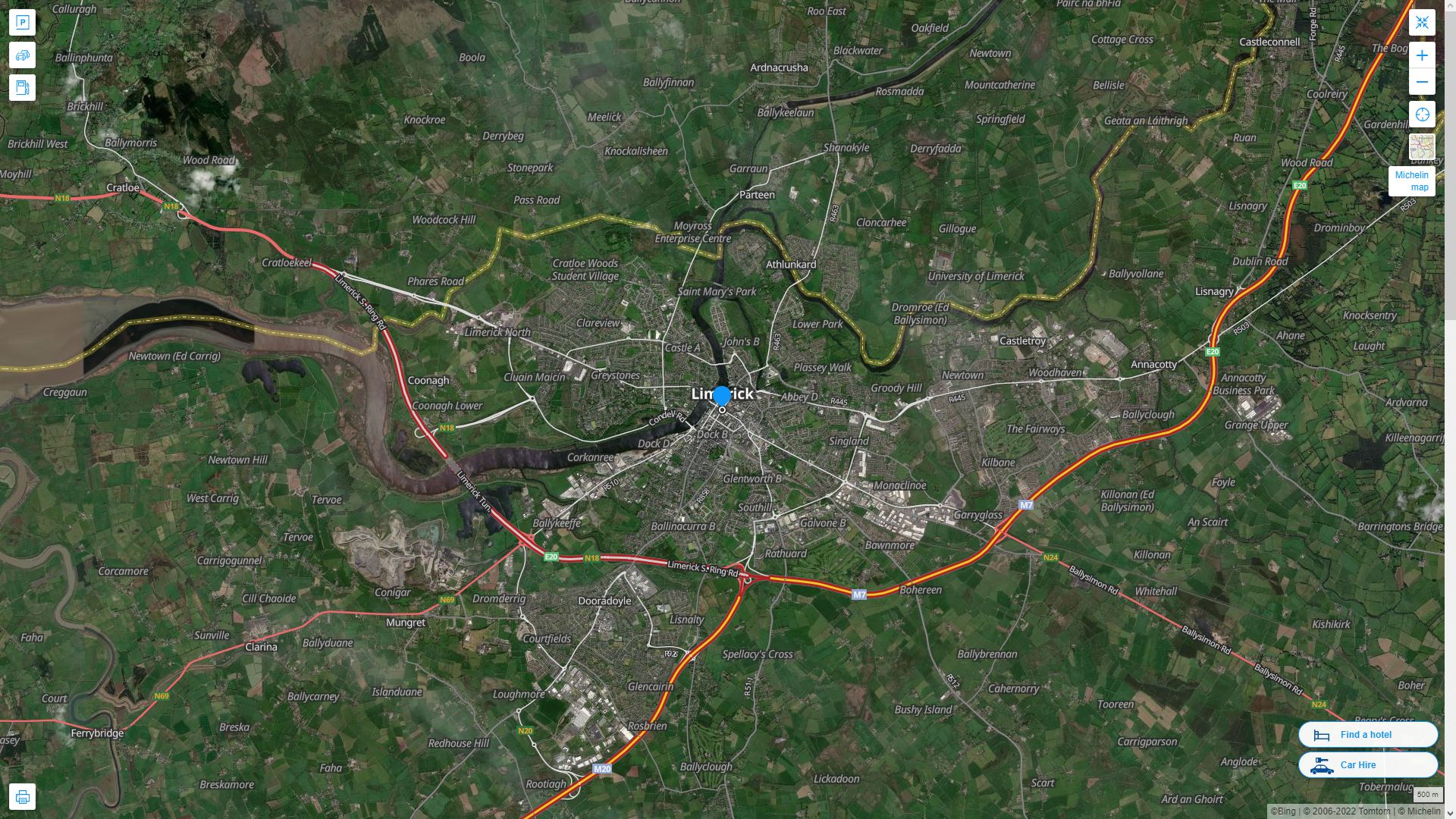 Limerick Irlande Autoroute et carte routiere avec vue satellite